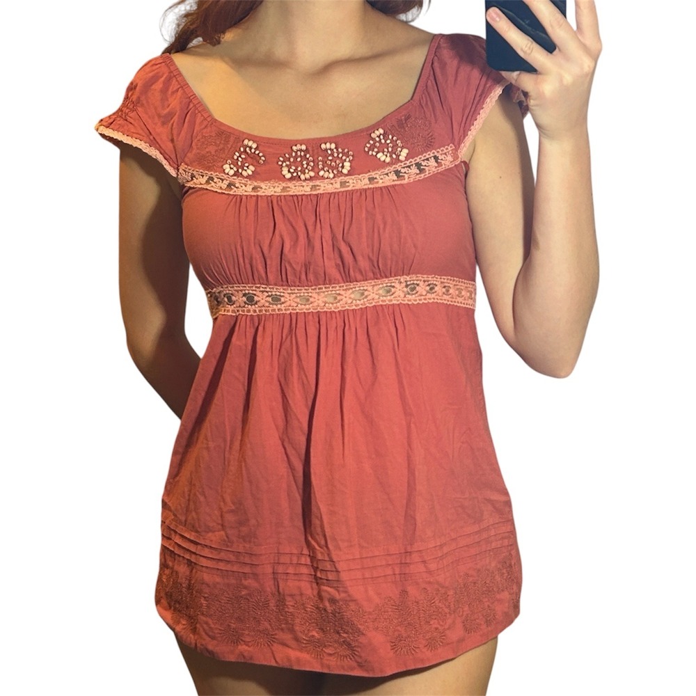 Willi Smith Boho Peasant Top Terracotta Pink Lace Embroidered Cotton Blouse S